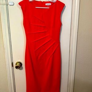 Calvin Klein Red Sheath Midi Dress Bateau Neckline